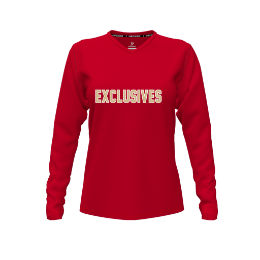 [CUS-DFW-TEES-PER-VNK-LSL-RED-FYXS-LOGO2] Performance T-Shirt (Female Youth XS, Red, V Neck, Logo 2, Long Sleeve)